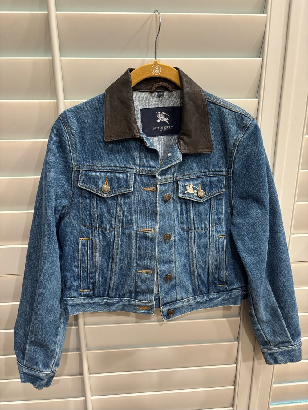 Burberry Blue Denim Jacket with Dark Brown Leather Collar - Small